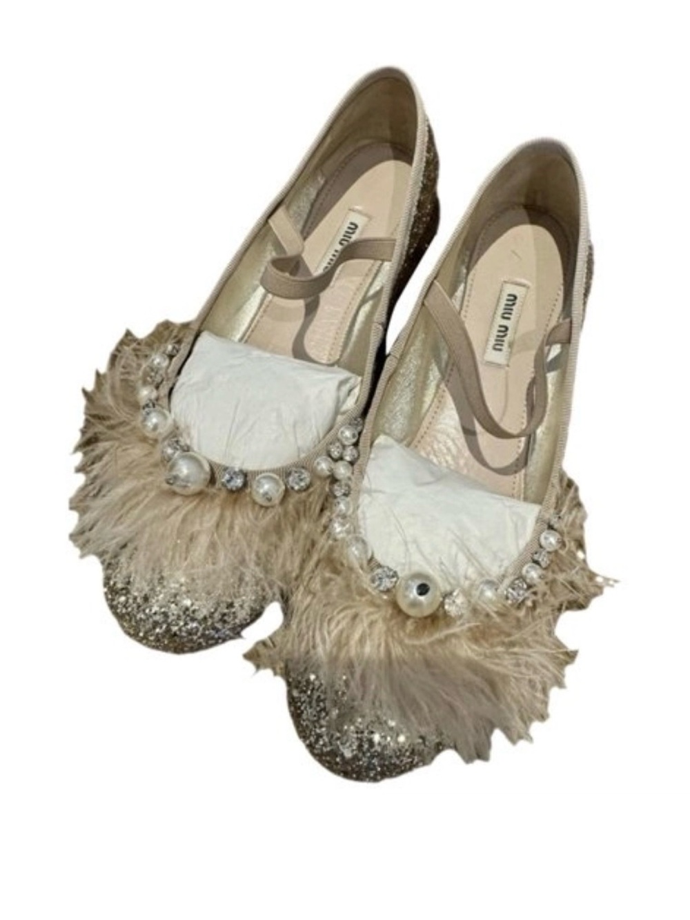 Miu Miu Champagne Feather & Pearl Embellished Ballet Flats